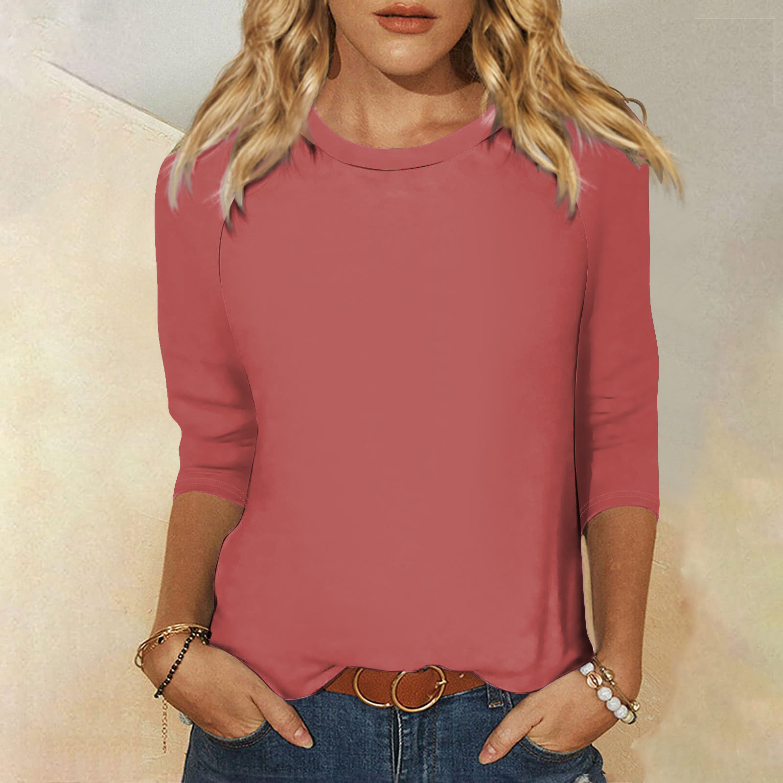 thumbnail image 2 of Camisa raglán informal de manga 3/4 para mujer, cuello redondo, poliéster, color liso, estilo informal y moderno, tallas S-XXL, 2 of 5